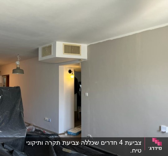 קיר צבוע בצבע אפור בהיר עם כיסוי רצפה